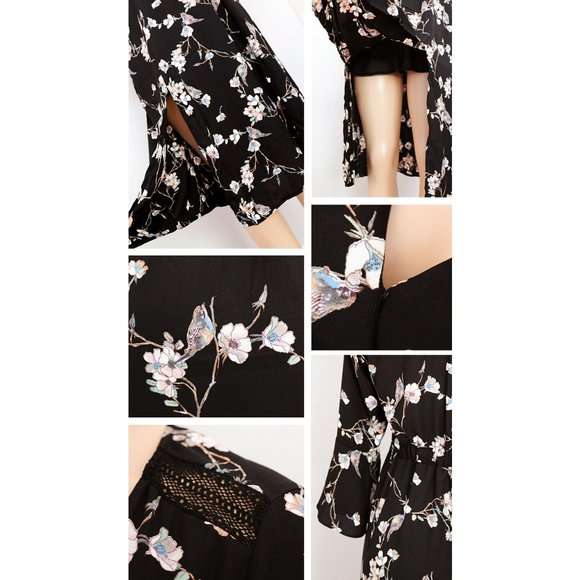 NEW Black Floral Bird Wrap V Neck Slit Midi Dress - Picture 5 of 8